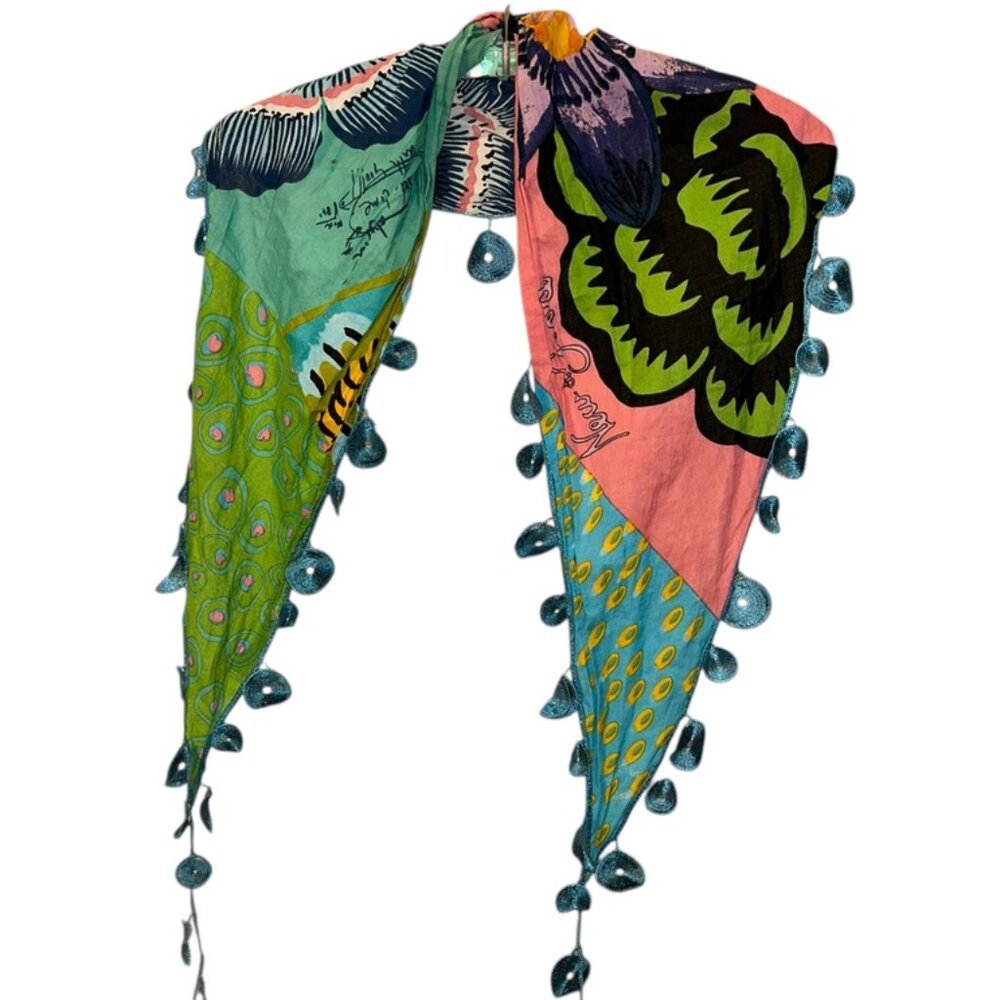 Desigual Multicolor Floral & Peacock Print Scarf with Teardrop Tassels